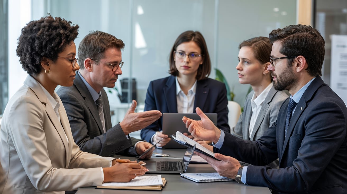 Group of attorneys reviewing legal documents in a boardroom setting