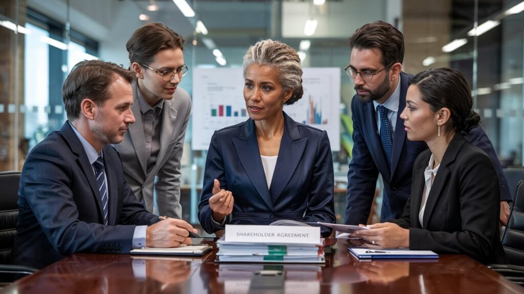 Business professionals in a meeting discussing shareholder conflict resolution